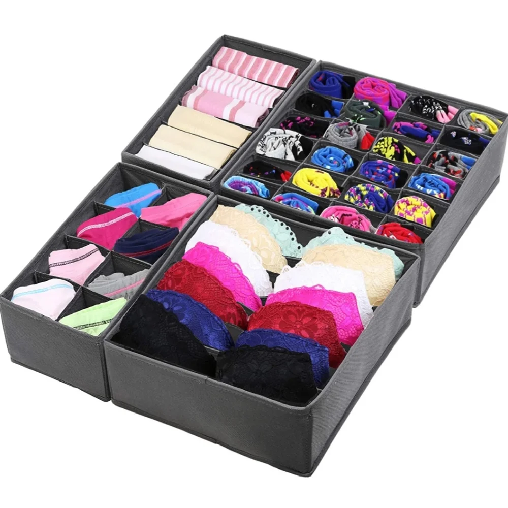 Set of 4 Fabric Drawer Organizers (Foldable) For Underwear and Bras